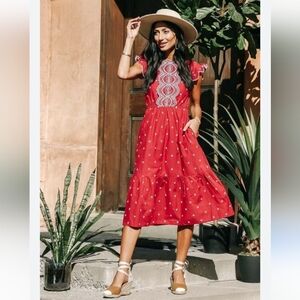 bohme | Dresses | Bohme Red Tiered Midi Dress White Eyelet Embroidery |  Poshmark